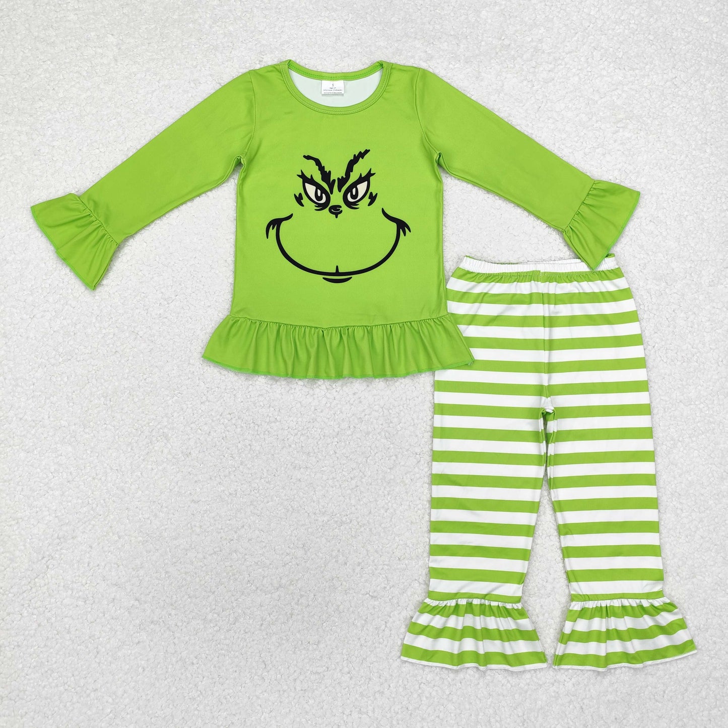 Baby Girls Christmas Green Face Top Green Striped Pants Set