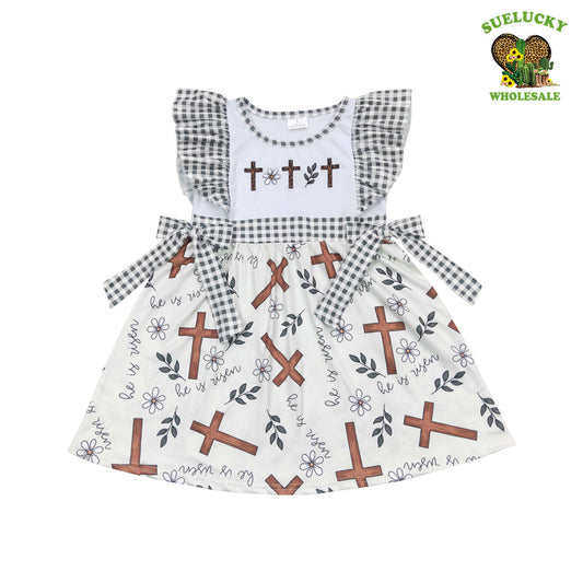 Kids Girls Easter Cross Flower Green Gingham Dress