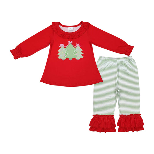 GLP1672 Baby Girls Christmas Tree +Green Striped Ruffle Pants Set