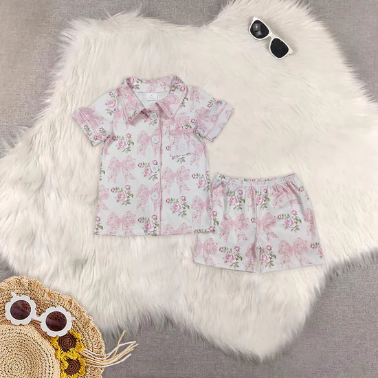 Mommy and Me Pink Coquette Floweers Shorts Pajama Set