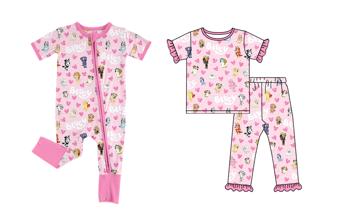 Sibling Baby Girls Heart Cartoon Blue Dog Set and Rompe Preorder