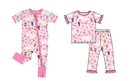 Sibling Baby Girls Heart Cartoon Blue Dog Set and Rompe Preorder