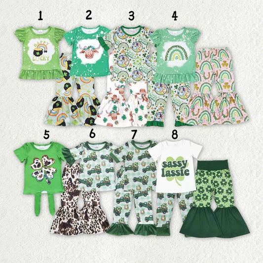 Sibling Baby Girls Saint Patrick's day Short Sleeve Top With Bell Bottom Pants Outfit