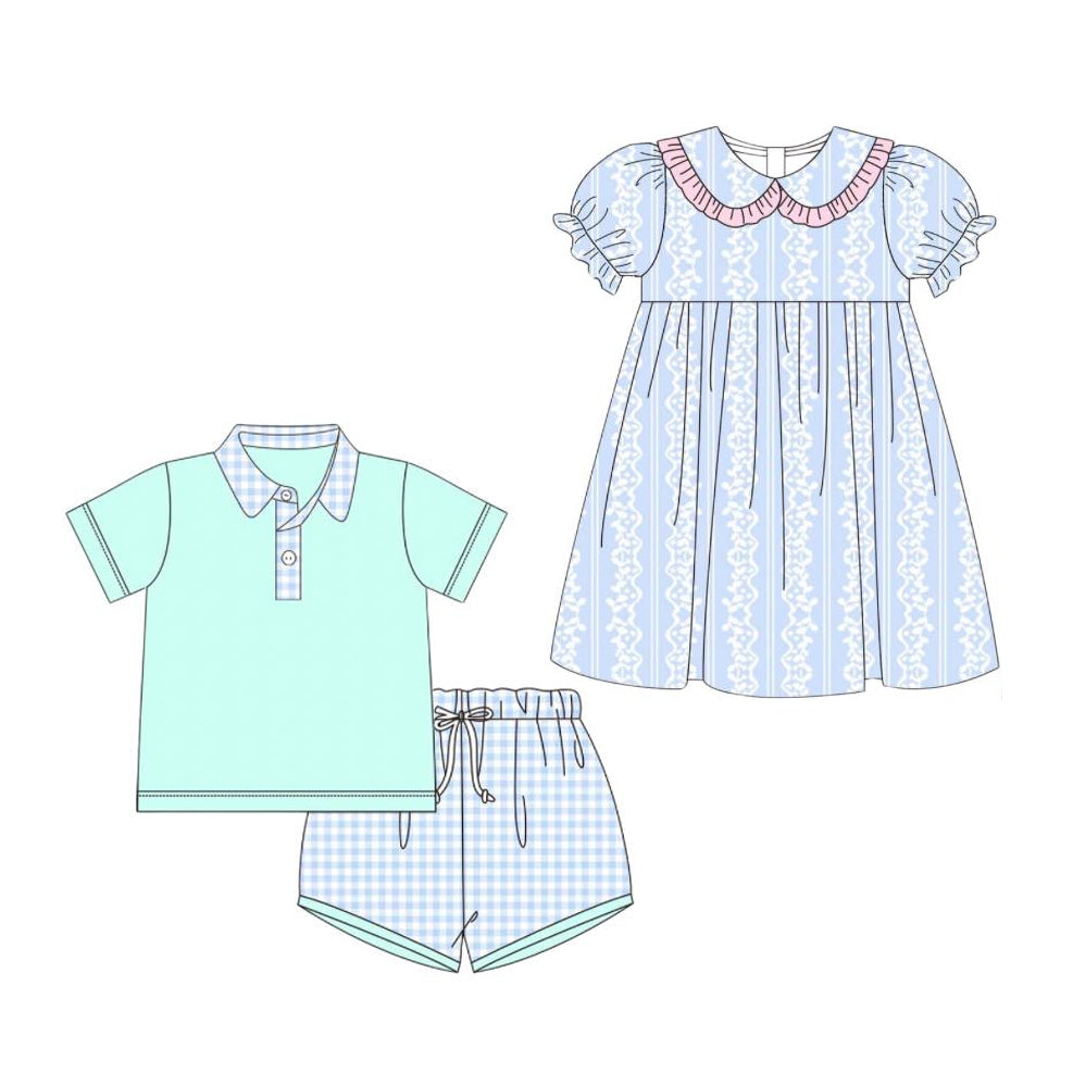 Toddler Baby Girls Sibling Blue Dress and Shorts Set Preorder