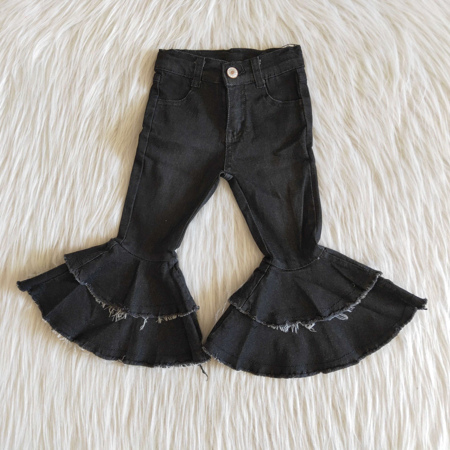 Black Bleached Double Ruffle Denim Pants