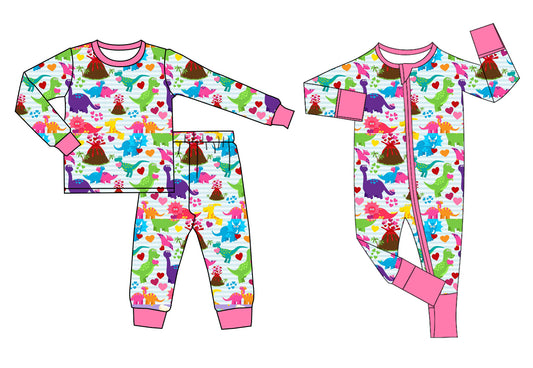 Toddler Baby Girls Sister Heart Dinosaur Long Sleeve Pajama Set and Romper