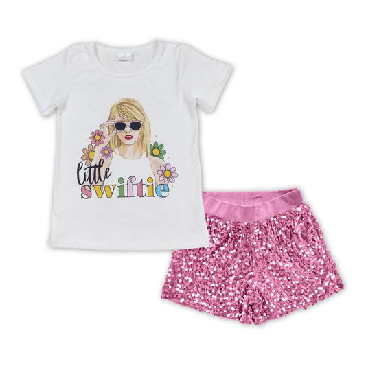 Kids Girls Little Swifties Top Pink Sequin Shorts Set