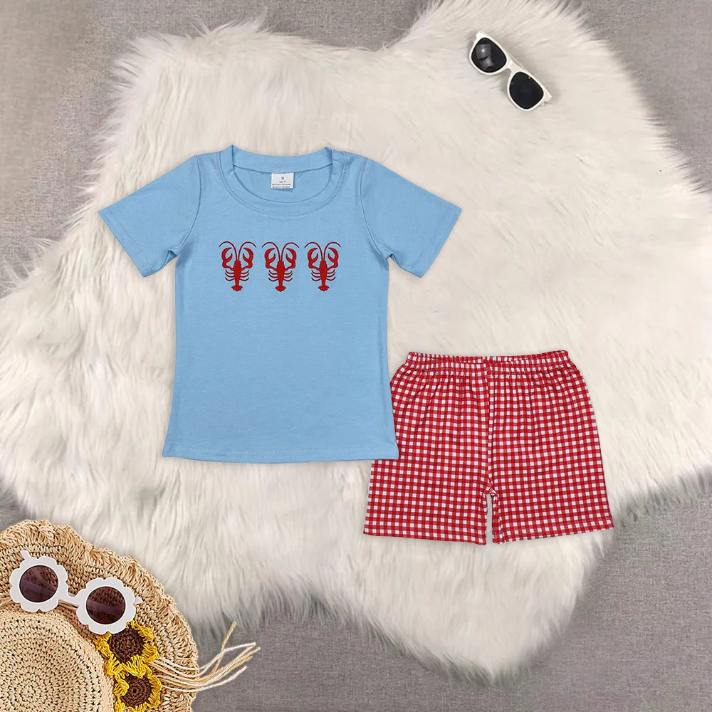 Toddler Boys Summer Sibling Embroidery Crayfish Shorts Set