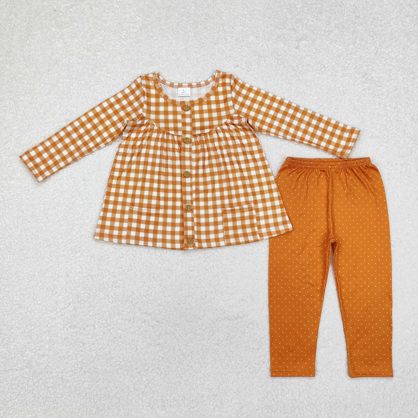 Baby Girls Brown Checker Long Sleeve Tunic Top Polka Dot Leggings Pants Set