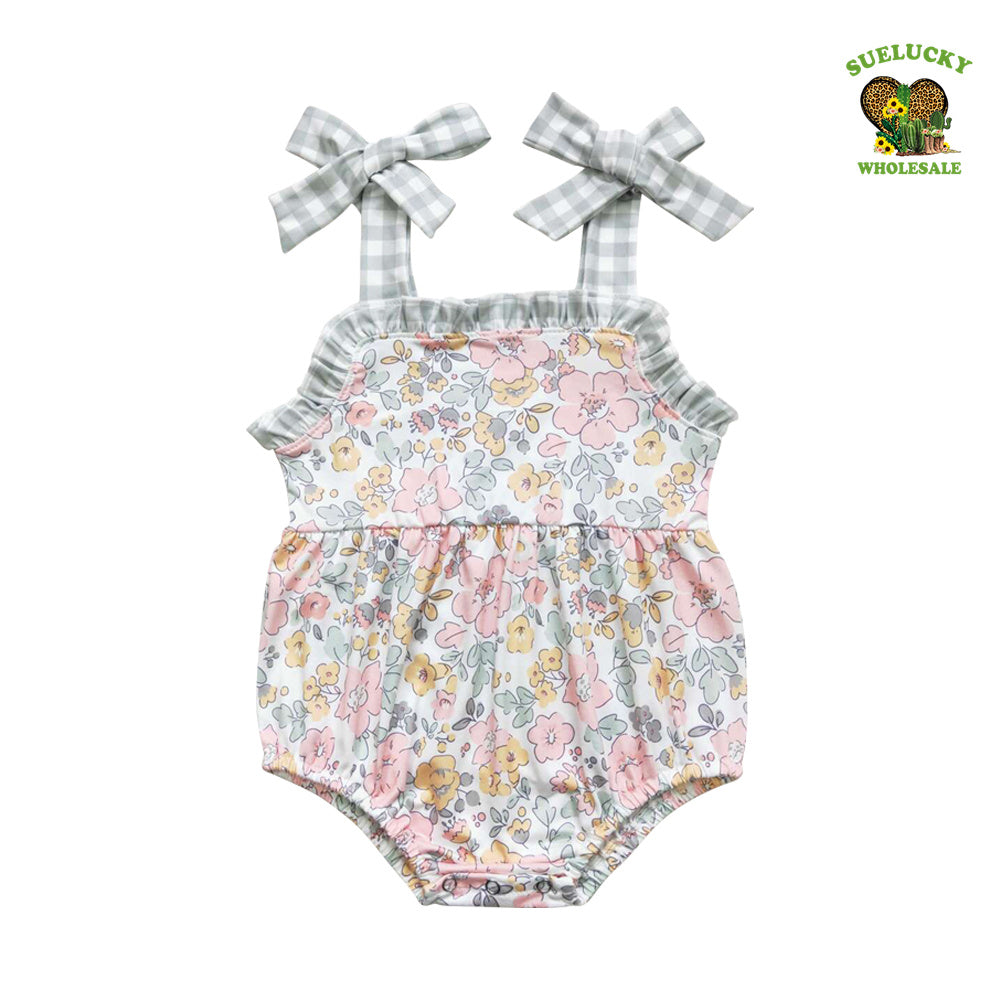 SR0921 Baby Girls Green Floral Bubble Romper