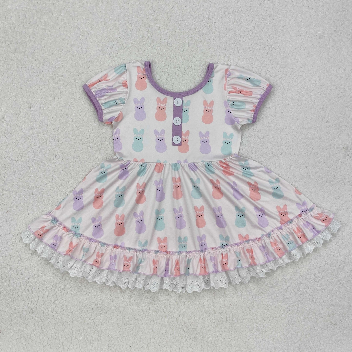 Baby Girls Short Ruffle Sleeves Button Down Bunny Print Easter Lace Dress