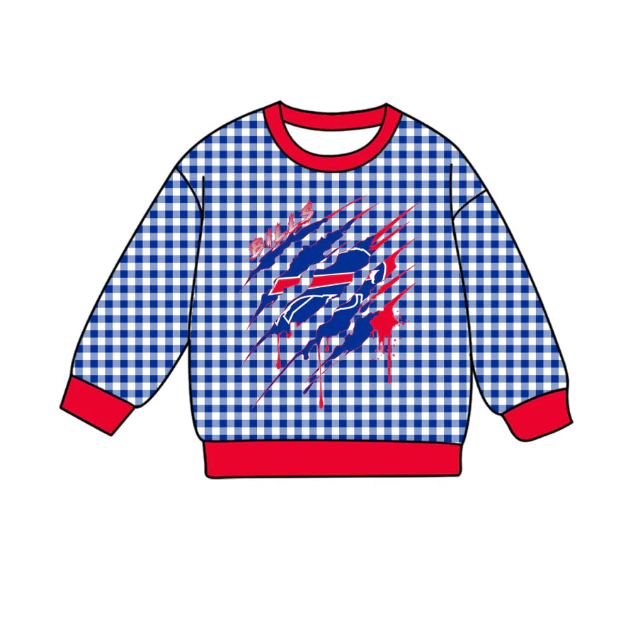 Preorder , 5 MOQ Baby Girls  Sport Team Blue Gingham Long Sleeve Top