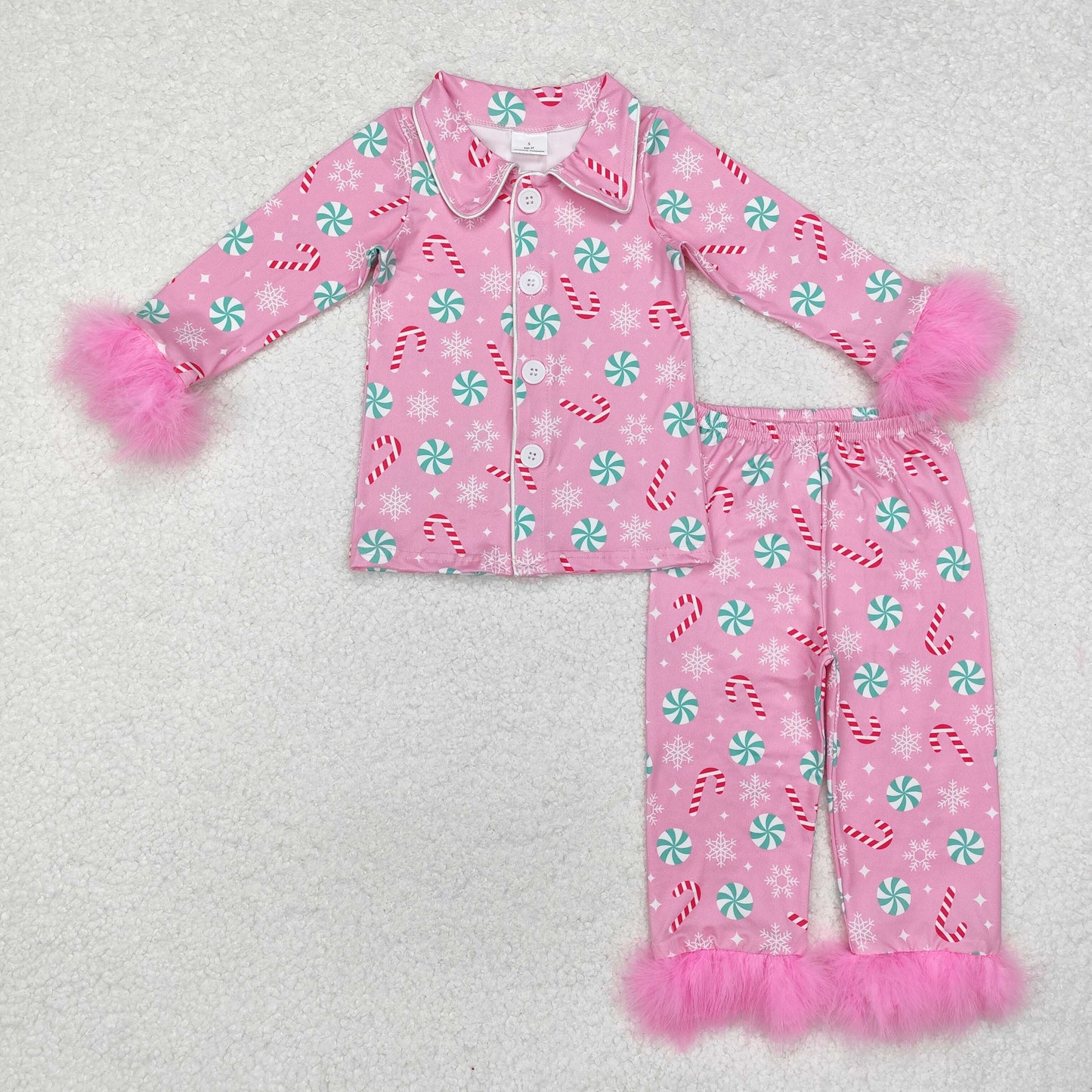 Baby Girls Christmas Candy Cane Button Pajama Set With Fur