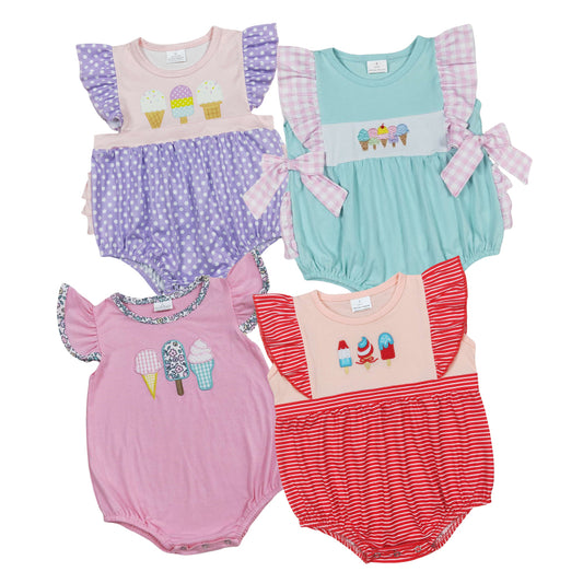 Summer Baby Girls Sibling Embroidery Ice Cream Bubble Romper