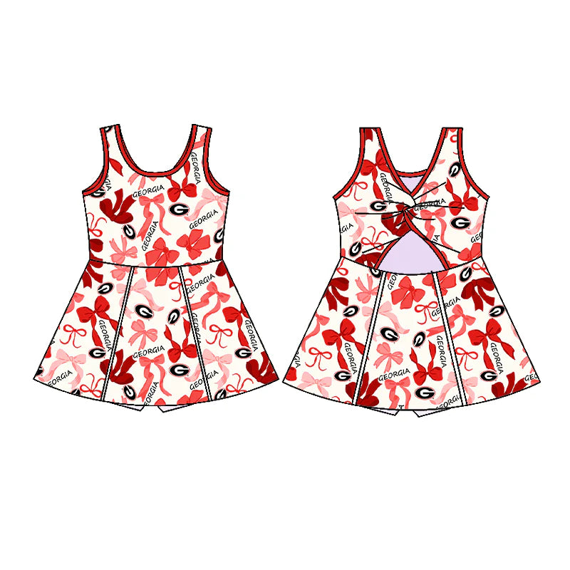 Preorder  5 MOQ，Baby Girls Red  Bows Georgia Sport Team Knee Length Dress