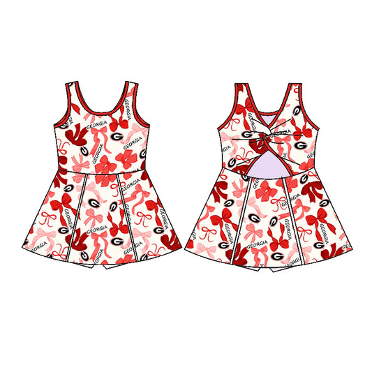 Preorder  5 MOQ，Baby Girls Red  Bows Georgia Sport Team Knee Length Dress