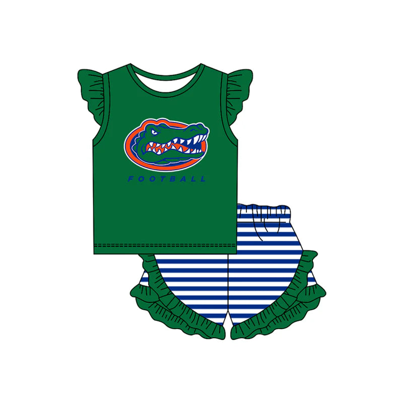 Preorder , 5 MOQ , Baby Girls Crocodile Football Top Stripe Pockets Shorts Team Outfit