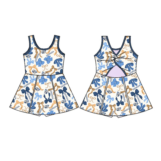 Preorder  5 MOQ，Baby Girls Sleeveless Blue Yellow Bows  Georgia Sleeveless Team Knee length Dresses