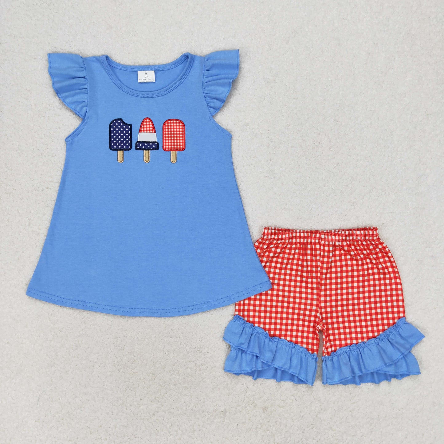 Sibling Baby Kids July 4th Embroidery Popsicle Top Red Plaid Shorts Sets