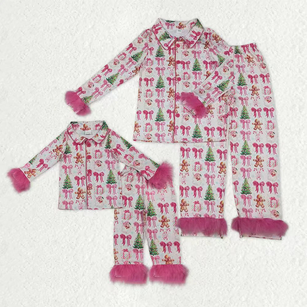 Mommy and Me Christmas Gingerbread Santa Pink Bow Buttons Up Pajama Set With Fur