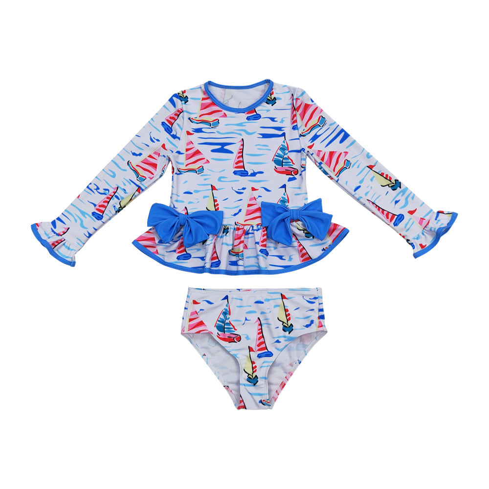 S0276 Baby Girls Sailboat  Two Piece Long Sleeve Swimwear Swimsuit