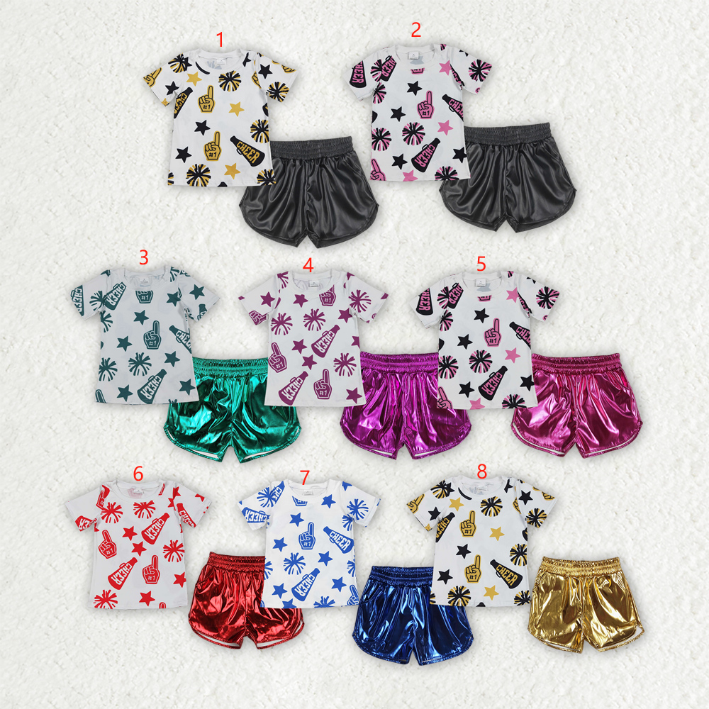 Kids Girls Summer Cheer Top Leather Shorts Outfit