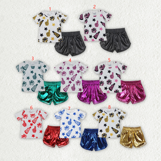 Kids Girls Summer Cheer Top Leather Shorts Outfit