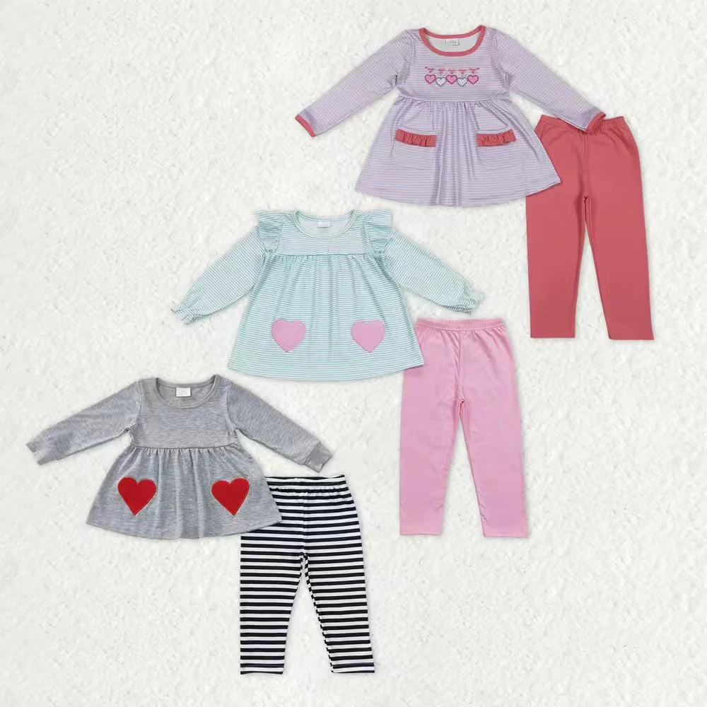 Sibling Baby Girls Embroidery Hearts Pockets Stripe Tunic Legging Pants Valentines Clothes Sets