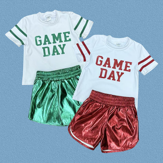 Baby Girls Vinyl Red Green Game Day Top Leather Shorts Team Active Set