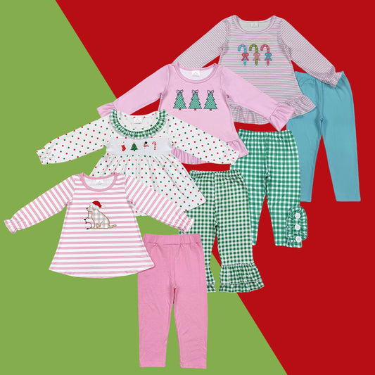 Sibling Baby Girls Long Sleve Applique Christmas  Tunic Top With Pants Outfit