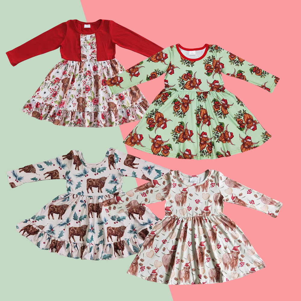 Toddler Girls Christmas Highland Cow Long Sleeve Dress