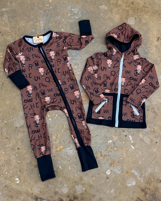 Sibling Baby Boys Western Skull Cow Hoodie Jacket/Zip-up Romper