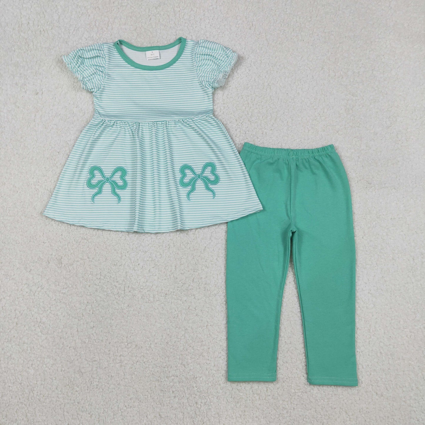 GSPO2151 Baby GIrls Bow Aqua Striped Top With  Leggings Set
