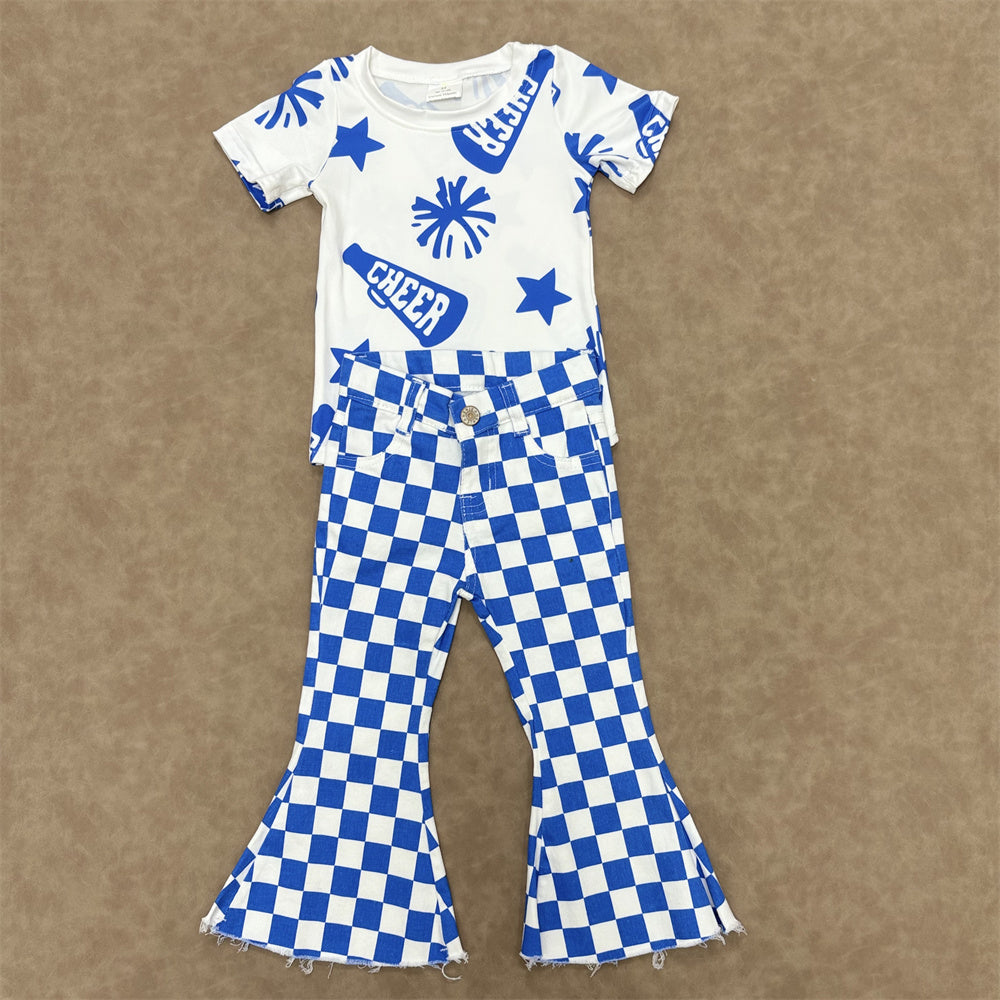 Kids Girls Sport Team Cheer Top With Blue Checked Jeans Outfit