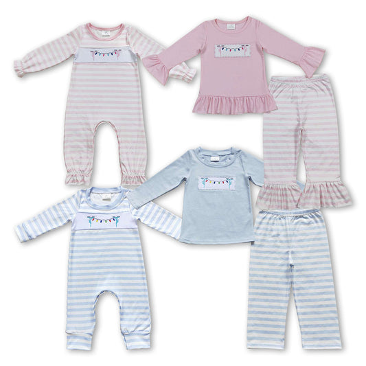 Christmas Light Blue and Pink Striped Sbiling Outfit Romper