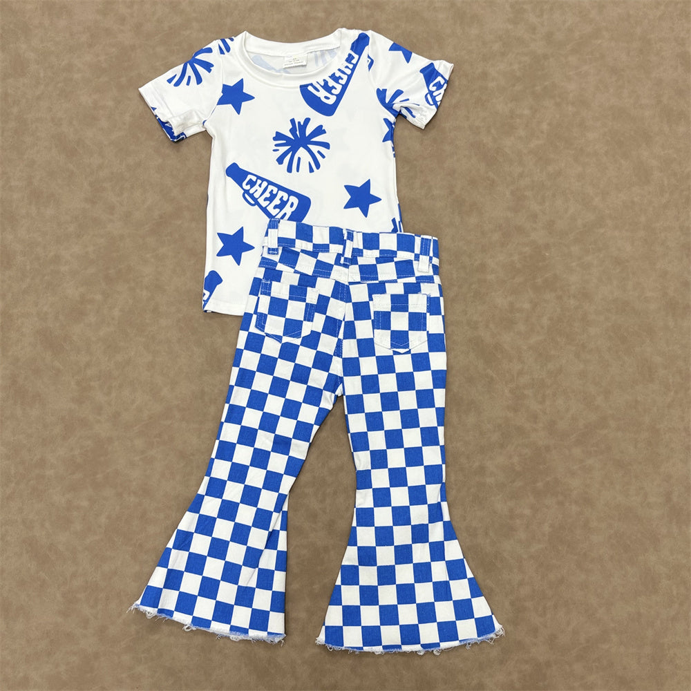 Kids Girls Sport Team Cheer Top With Blue Checked Jeans Outfit