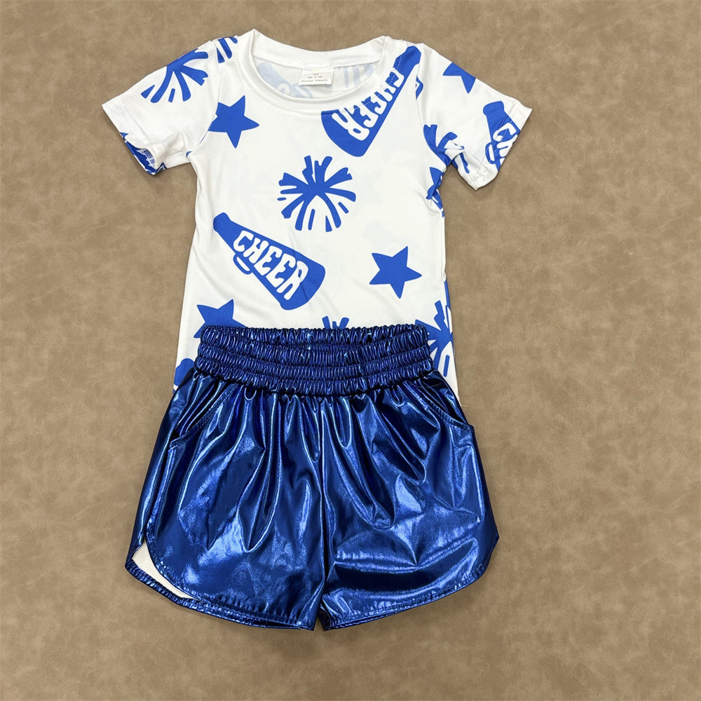 Kids Girls Sport Team Cheer Top With Blue Checked Jeans Outfit