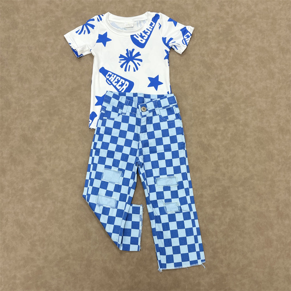 Kids Girls Sport Team Cheer Top With Blue Checked Jeans Outfit