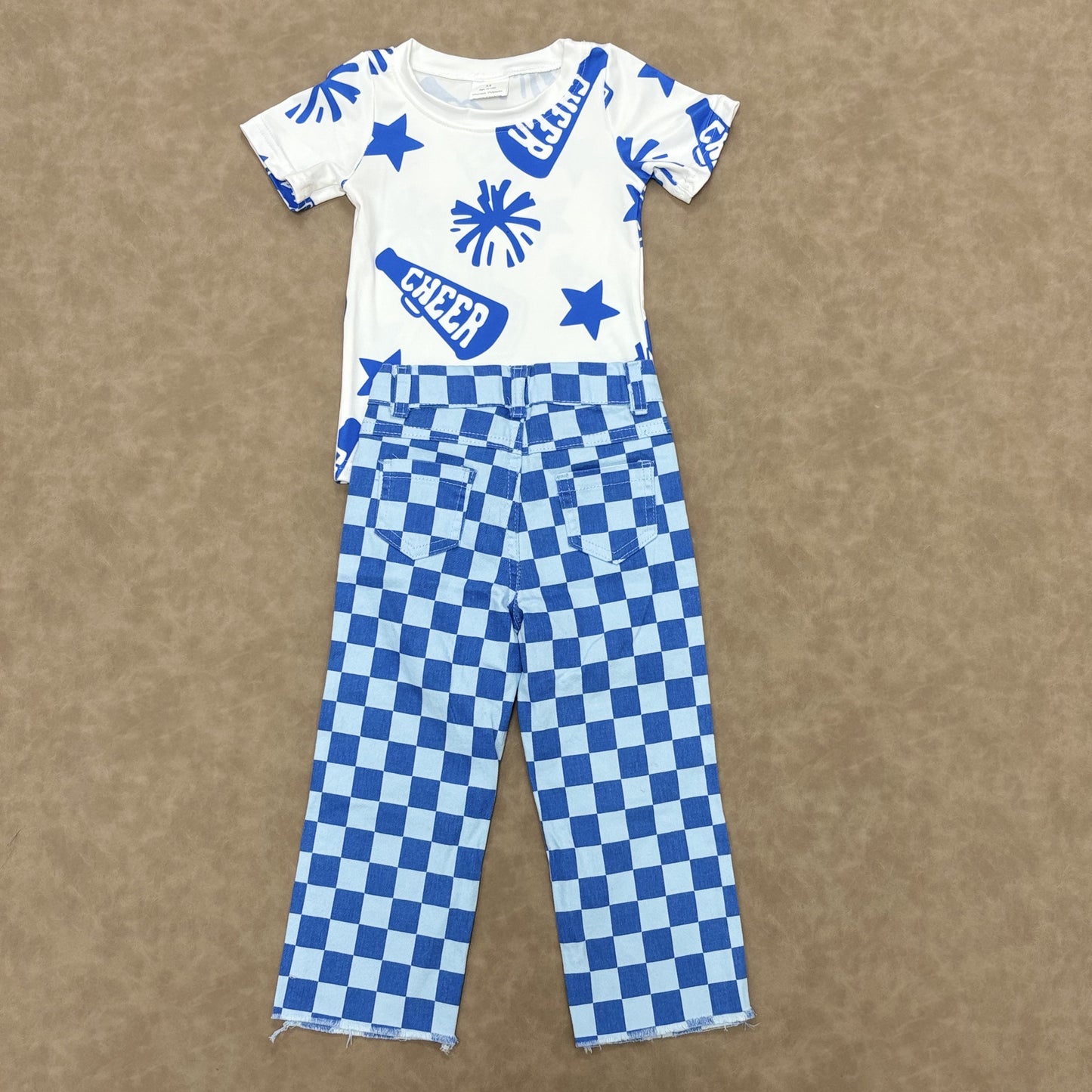 Kids Girls Sport Team Cheer Top With Blue Checked Jeans Outfit