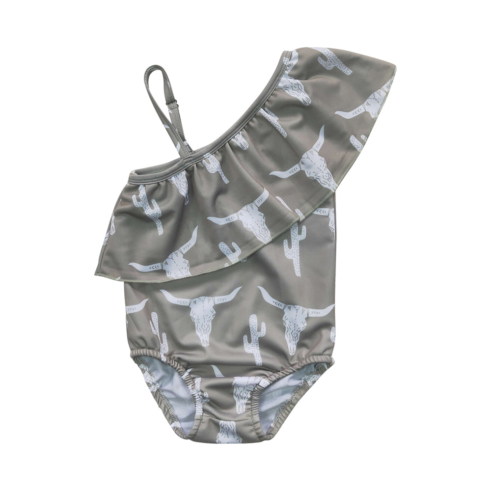 S0106 Girls Steer's Skull Print One-piece Swimsuit