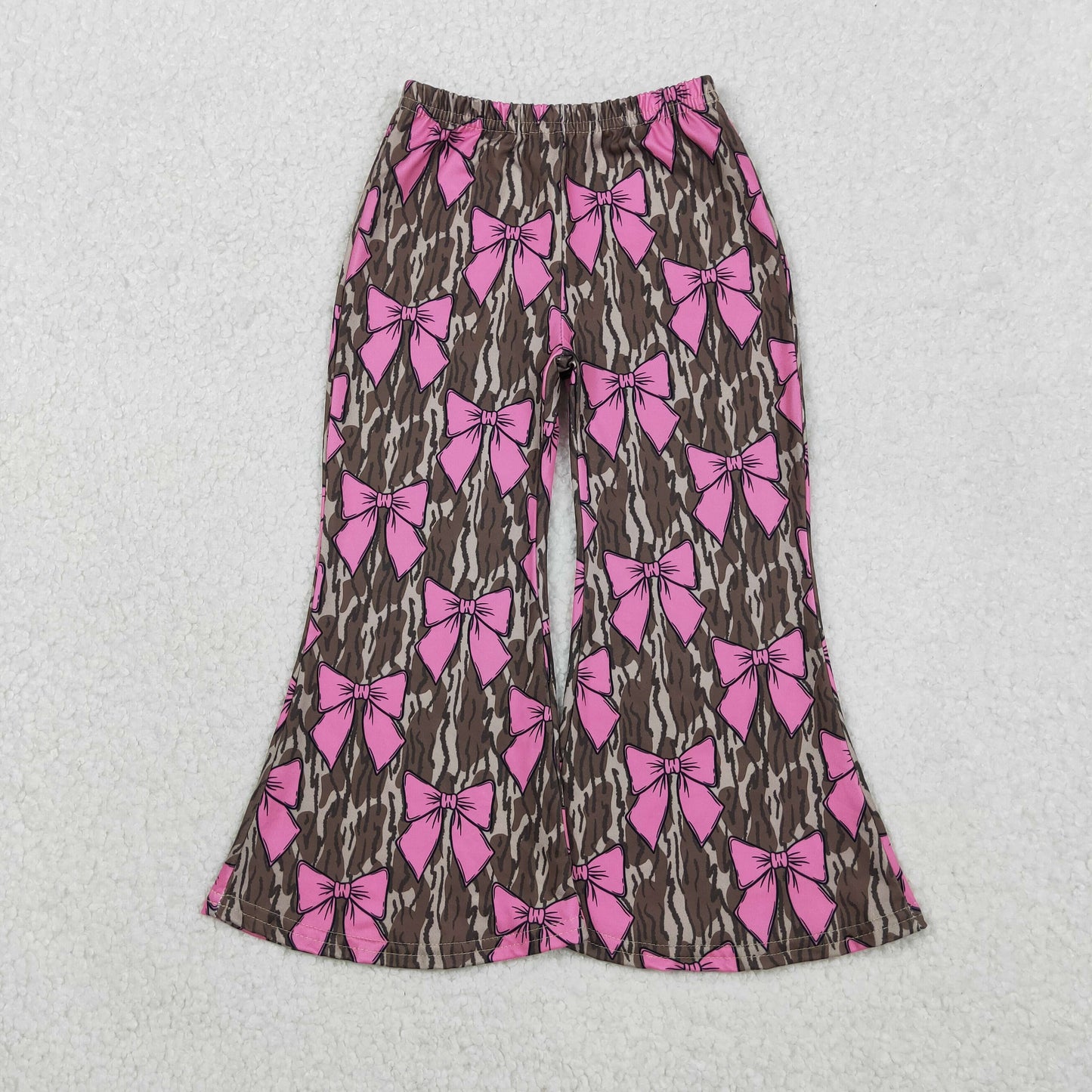 P0896 Kids Girls Hot Pink Bow Camo Flare Pants