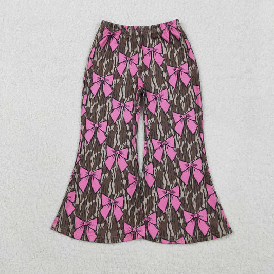 P0896 Kids Girls Hot Pink Bow Camo Flare Pants