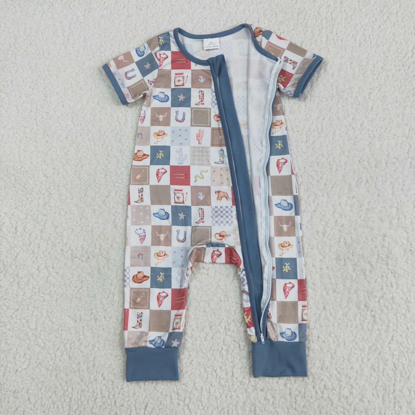 SR3098 Baby Boys Western Short Sleeve Zip Romper