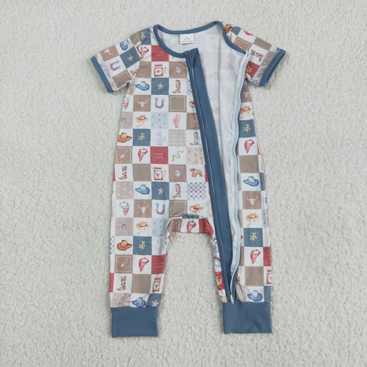 SR3098 Baby Boys Western Short Sleeve Zip Romper