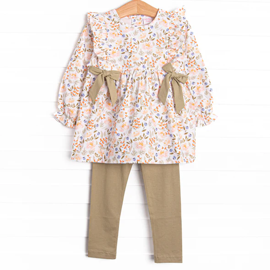 Preorder 5 MOQ Baby Girls Sage Green Garden Side Tie Tunic Top With Legging Set