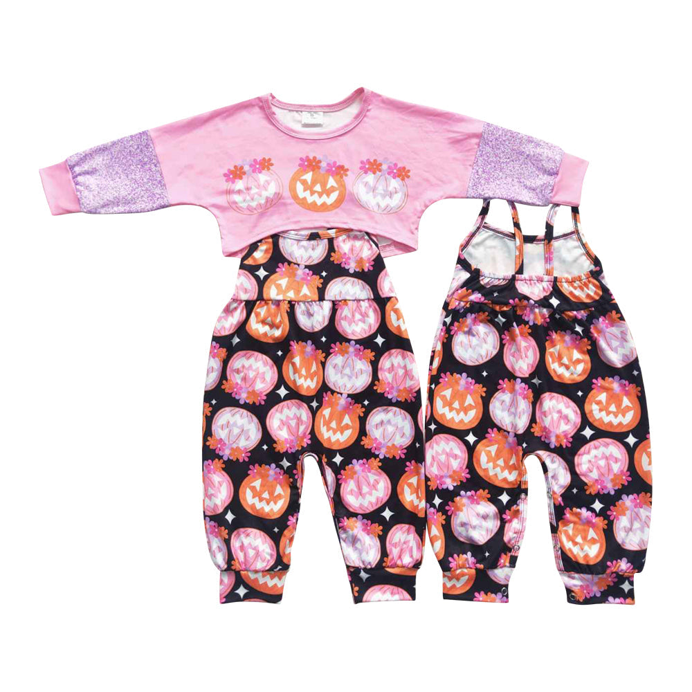 GLP0686 Kids Girls Halloween Pumpkin Jumpsuit and Top Set