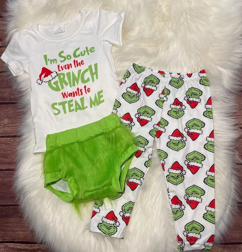 Toddler Girl Clothes Christmas Cartoon Green 3 pcs Set