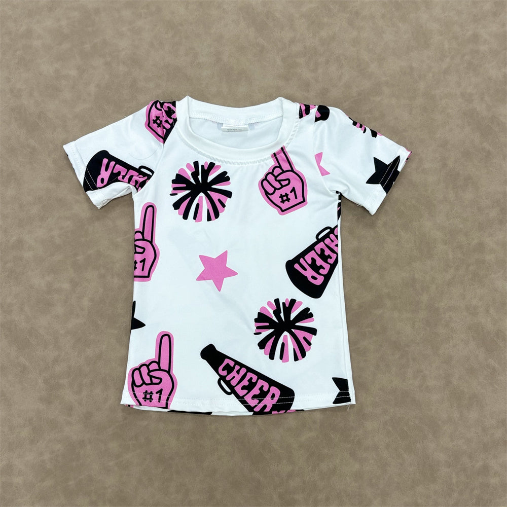 Kids Girls Pink Sport Team Cheer Top With  Checked Jeans Outfit