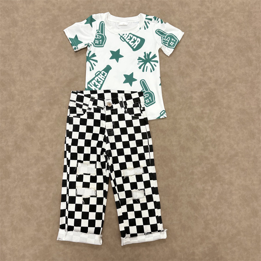 Kids Girls Green Cheer Short Sleeve Top With Checked Jeans Set