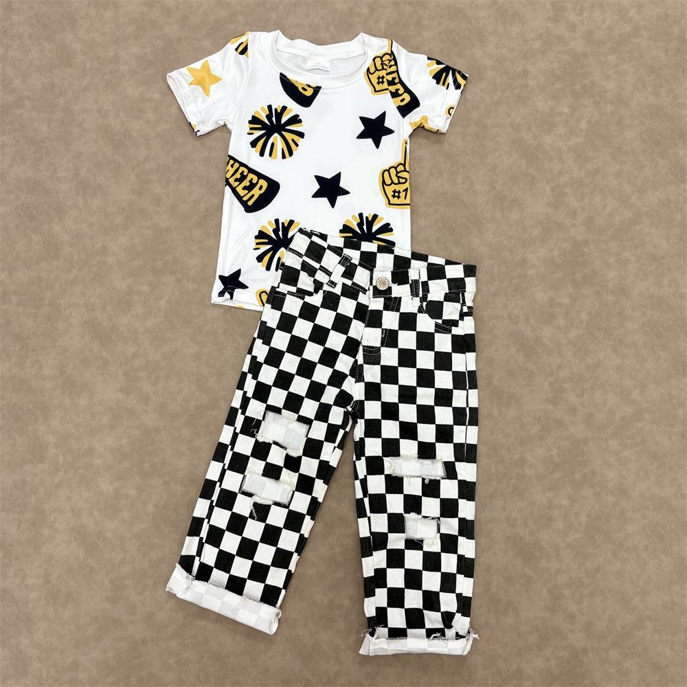 Kids Girls Golden Sport Team Cheer Top With  Checked Jeans Outfit